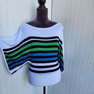 Bebe Women's White Blue Green Long Wide Sleeve Tunic Knit Sweater Striped Sz M